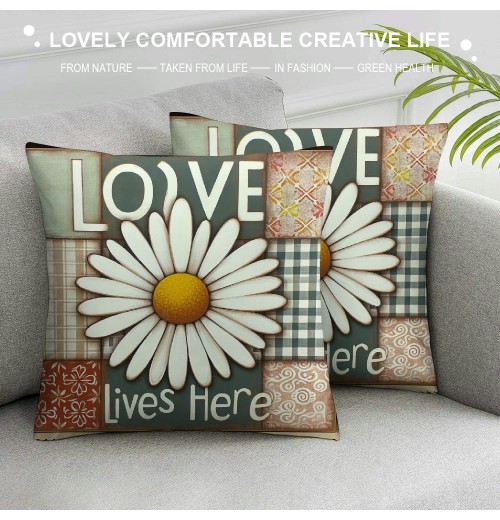 Ulloord Spring pillow Covers, Floral Daisy Bloom with Grace Love Lives Here Striped Plaid Farmhouse Decorative Throw pillowcases for Home Sofa Couch Decoration