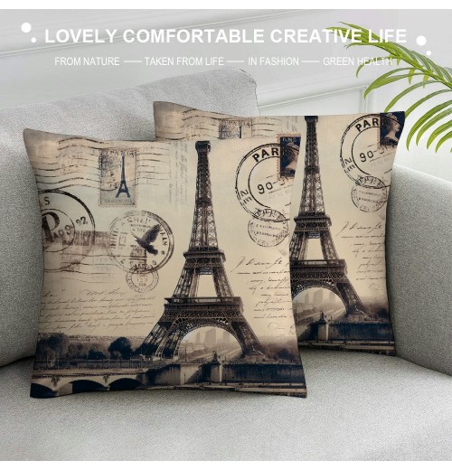 Ulloord Vintage Paris Throw pillow Covers&nbsp;French Eiffel Tower Pattern with Wood Grain Background Decorative pillow Case Cushion Cover for Home Couch pillowcase (Wood-Tower)