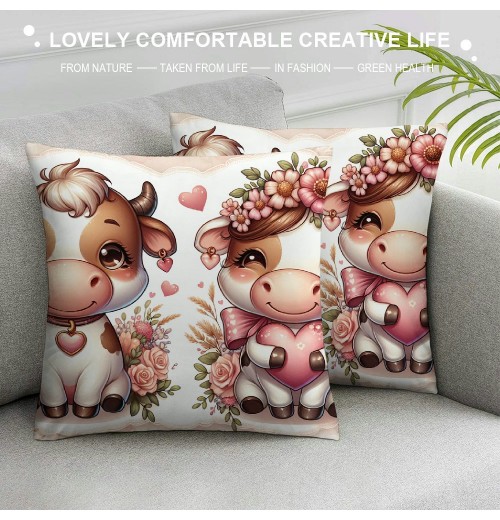 Ulloord Throw pillow Covers Two Lovely Cow Farmhouse pillows Cover Flower with Heart Valentine Decor Cushion Cover Super Soft pillow Case Valentine Gift for Sofa Couch