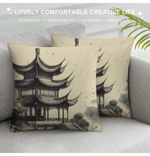 Ulloord Chinese Painting Throw pillow Covers Lake Willow Pine Pavilion Plum Blossom pillow Case Cushion Cover&nbsp;Traditional&nbsp;Chinese Culture Home Decorative pillowcases 