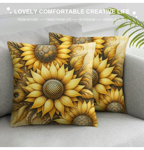 Ulloord Hello Summer Sunflower pillow Covers Yellow Flower Sunshine Black and White Buffalo Plaid Stripes Farmhouse Decorative Throw pillow Cases Cushion Covers for Sofa Couch