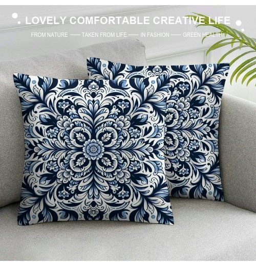 Ulloord  Throw pillow Covers Blue Irregular Flower Pattern Decorative pillow Case Square Cushion Cover Home Decor Sofa Bed Tile Style pillowcase