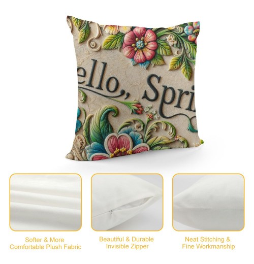 Ulloord  Hello Spring Quote Throw pillow Covers Plant with Flower Decorative pillow Cover pillowcase Colorful Cushion Cover