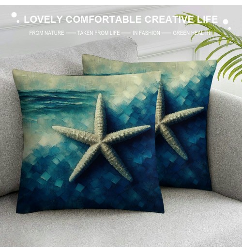 Ulloord  Vintage Starfish pillow Cover Ocean Blue Series Nautical Decorative pillow Covers Beach Theme Cushion Cover Home Decor pillowcase