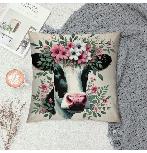 Ulloord Lovely Cow Throw pillow Covers Black White Cow with Floral Farmhouse pillow Cover Hidden Zipper Cute Animal pillowcase Square Outdoor Cushion Cover for Sofa Couch(Cow)