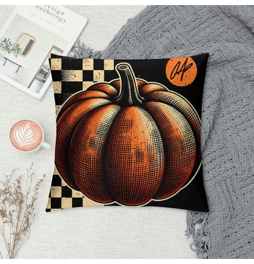 Ulloord  Fall pillow Cover Orange Pumpkin with Black White Buffalo Plaids Stripe Throw pillow Covers for Fall Decor Autumn Farmhouse Thanksgiving Decorative pillow Cases for Sofa Couch