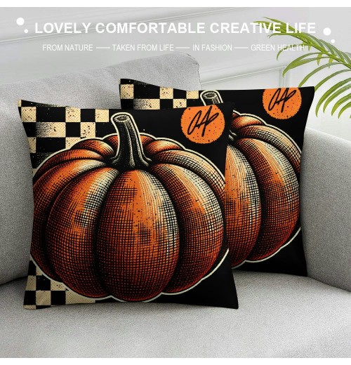 Ulloord  Fall pillow Cover Orange Pumpkin with Black White Buffalo Plaids Stripe Throw pillow Covers for Fall Decor Autumn Farmhouse Thanksgiving Decorative pillow Cases for Sofa Couch