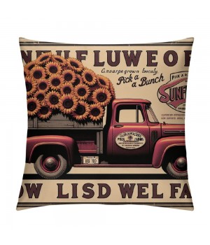 Ulloord  Vintage Red Truck pillow Cover Wood Grain with Sunflowers Pattern Decorative Throw pillowcase Square Cushion Covers Decor Rustic Home Sofa