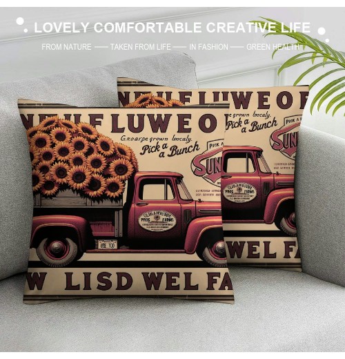 Ulloord  Vintage Red Truck pillow Cover Wood Grain with Sunflowers Pattern Decorative Throw pillowcase Square Cushion Covers Decor Rustic Home Sofa