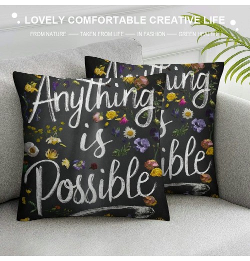 Ulloord Throw pillow Covers Flowers&nbsp;Garland Decorative pillow Case Anything is Possible pillow Cover Cotton Linen Vintage Gray and Black Spring Floral Farmhouse Cushion Cover (Black)