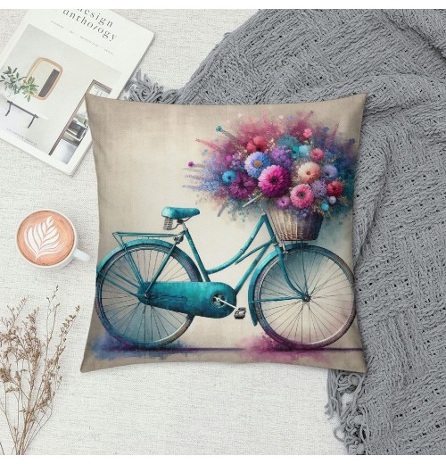 Ulloord  Vintage&nbsp;Bicycle Bike Throw pillow Covers for Home Sofa Couch Spring Flower Decorative Cushion Cover Square Pcases Blue Green Bike Outdoor Decor