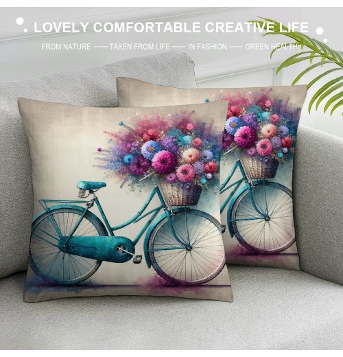 Ulloord  Vintage&nbsp;Bicycle Bike Throw pillow Covers for Home Sofa Couch Spring Flower Decorative Cushion Cover Square Pcases Blue Green Bike Outdoor Decor