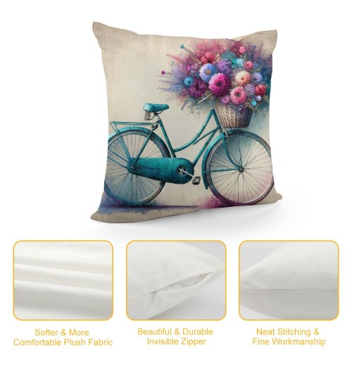 Ulloord  Vintage&nbsp;Bicycle Bike Throw pillow Covers for Home Sofa Couch Spring Flower Decorative Cushion Cover Square Pcases Blue Green Bike Outdoor Decor