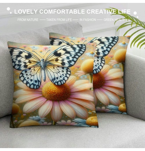 Ulloord  Spring Summer Daisy pillow Covers Daisy Floral Blooming Butterfly pillow Cases Farmhouse Throw pillows Case Home Decor for Room Bedroom Outdoor