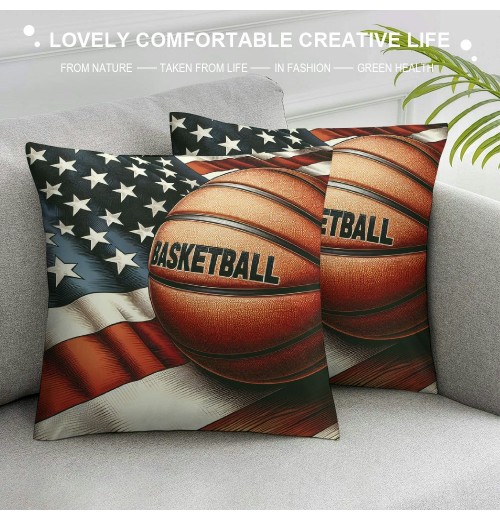 Vintage Rustic American Flag with Basketball Throw pillow Cover for Independence Day Decorative pillow Covers Throw pillow Case Patriotic Cushion Cover