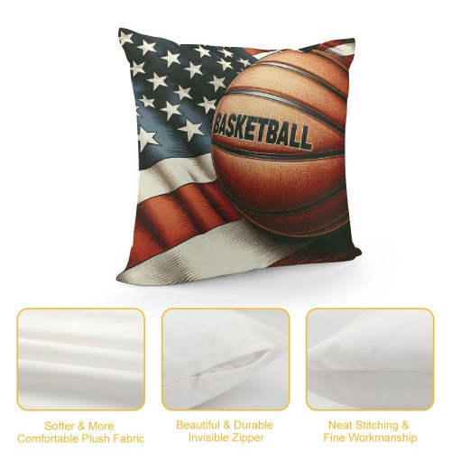 Vintage Rustic American Flag with Basketball Throw pillow Cover for Independence Day Decorative pillow Covers Throw pillow Case Patriotic Cushion Cover