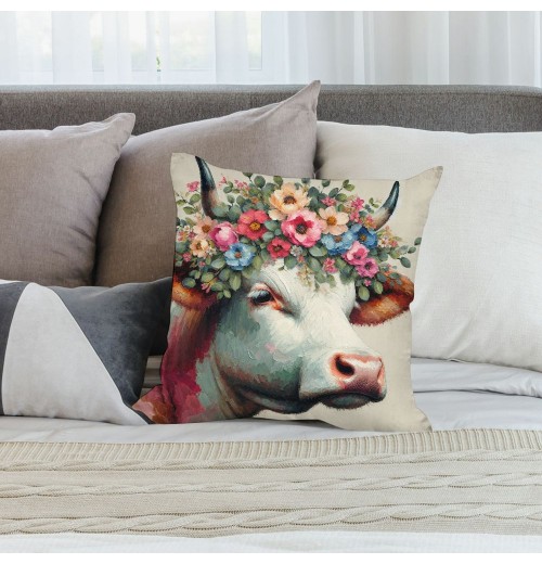 Ulloord Farmhouse Cow pillow Covers Vintage Watercolor Animal Print Decor pillows case Cushion Cover Decorations Kids Sofa Bed Office(Cow Floral)