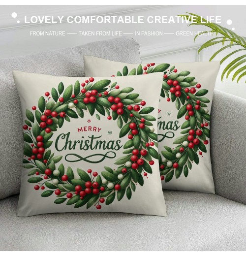 Ulloord  Merry Christmas Wreath Throw pillow Cover Home Decor Cushion Case for Sofa Couch Farmhouse Christmas Decorations