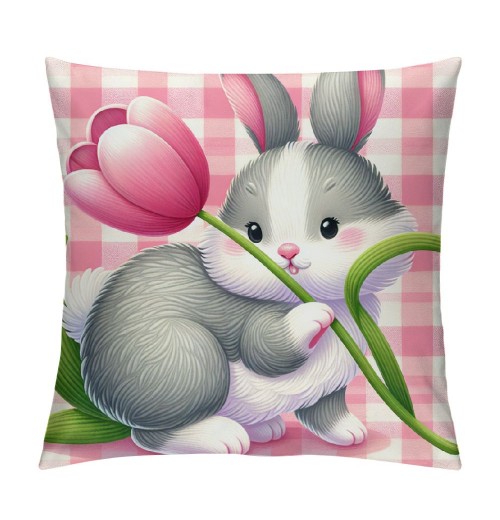 Ulloord  Easter pillow Covers Farmhouse Decorations for Spring Decorative Pink Buffalo Plaid Bunny Eggs Throw Cushion Case for Home Decor