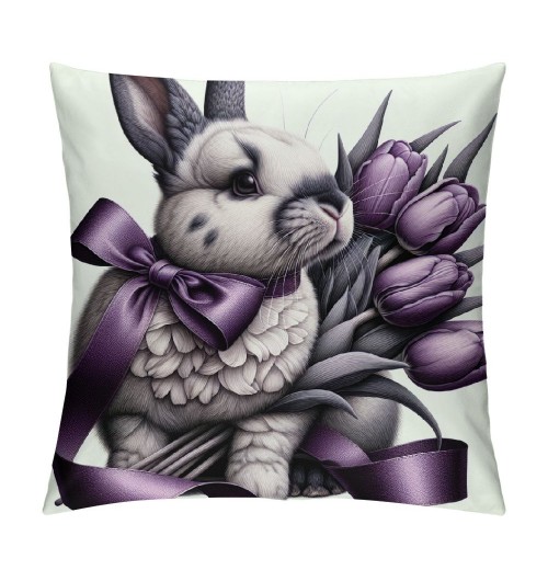 Ulloord Purple Tulips Rabbit Easter pillow Covers Buuny Eggs Easter Decorations Flowers Spring Farmhouse Throw Cushion Case for Home Sofa Couch