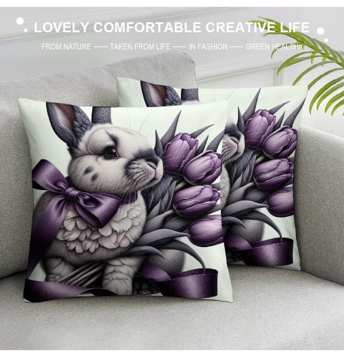 Ulloord Purple Tulips Rabbit Easter pillow Covers Buuny Eggs Easter Decorations Flowers Spring Farmhouse Throw Cushion Case for Home Sofa Couch