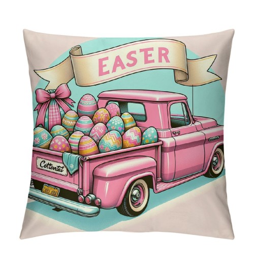 Ulloord pillow Covers, Rabbits Bunny Hello Peeps Eggs Truck Striped Farmhouse Decorative Throw pillowcases for Home Sofa Couch Decoration