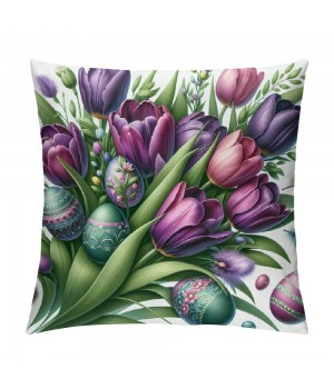 Ulloord Purple Tulips Rabbit Easter pillow Covers Buuny Eggs Easter Decorations Flowers Spring Farmhouse Throw Cushion Case for Home Sofa Couch