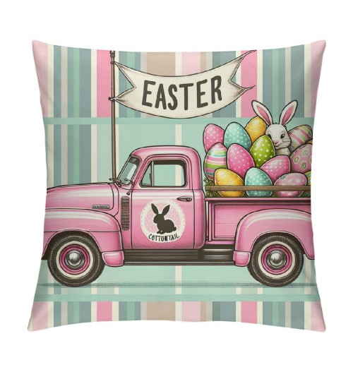 Ulloord pillow Covers, Rabbits Bunny Hello Peeps Eggs Truck Striped Farmhouse Decorative Throw pillowcases for Home Sofa Couch Decoration