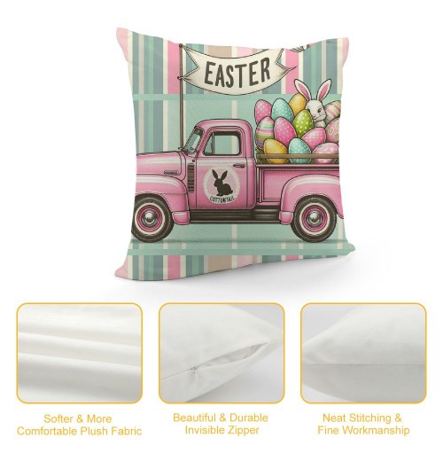 Ulloord pillow Covers, Rabbits Bunny Hello Peeps Eggs Truck Striped Farmhouse Decorative Throw pillowcases for Home Sofa Couch Decoration