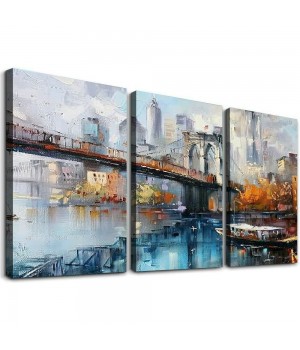 Brooklyn Bridge Wall Art New York Canvas Abstract Cityscape Painting, NYC Skyline Textured Picture Modern Colorful Artwork Framed for Living Room Bedroom Bathroom Office Home Decor 