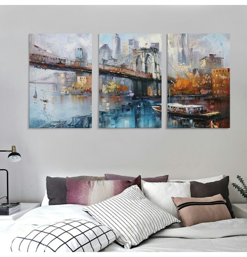 Brooklyn Bridge Wall Art New York Canvas Abstract Cityscape Painting, NYC Skyline Textured Picture Modern Colorful Artwork Framed for Living Room Bedroom Bathroom Office Home Decor 