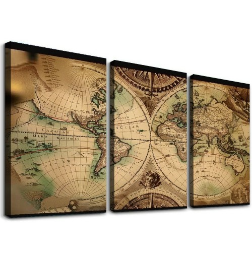 World Map Wall Art Canvas Old Nautical Map Picture Beige Retro Painting Globe Spherical Vintage Map Artwork for Bedroom Living Room Study Room Teens Room Home Office Large Decor 