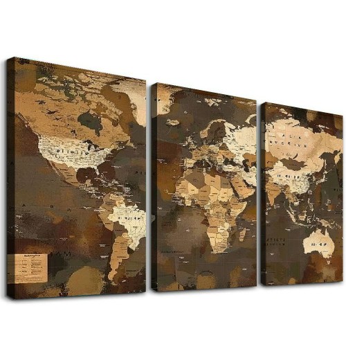 World Map Canvas Wall Art Retro Beige Abstract Painting Vintage Old Nautical Picture Framed Artwork Prints for Living Room Guest Bedroom Room Home Office Large Wall Decor 