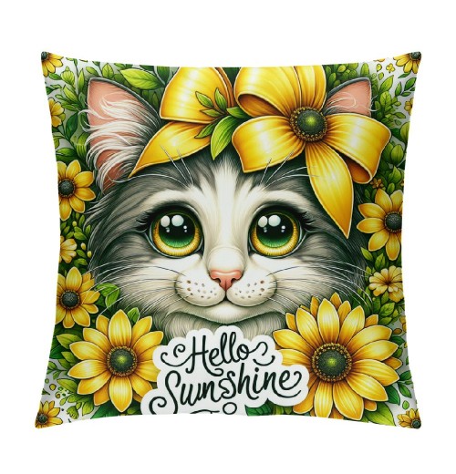 PHYHOO Summer pillow Cover Cat Decor Sunflower Farmhouse Seasonal pillow Case Decorations for Home Sofa Couch (Yellow)