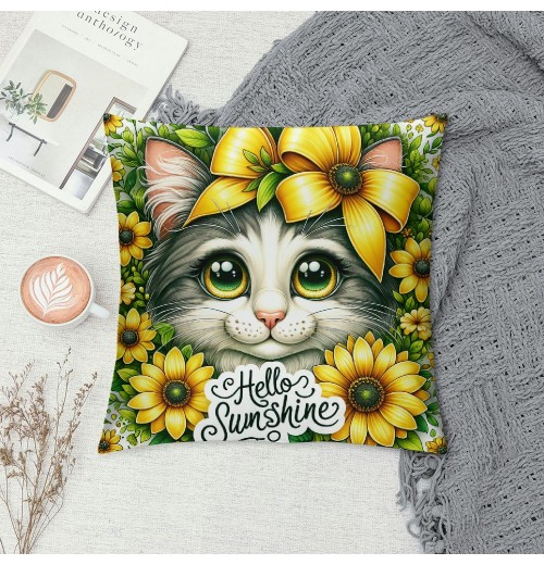 PHYHOO Summer pillow Cover Cat Decor Sunflower Farmhouse Seasonal pillow Case Decorations for Home Sofa Couch (Yellow)