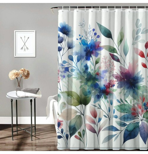 Shangniulu Spring Shower Curtain for Bathroom, Watercolor Green Leaves Plant Shower Curtain Set with Hooks, Washable Durable Polyester Fabric