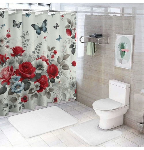 Shangniulu Red Rose Shower Curtain Retro Rose Floral Decorative Bath Curtain Polyester Fabric Waterproof Bathroom Curtain with Hooks