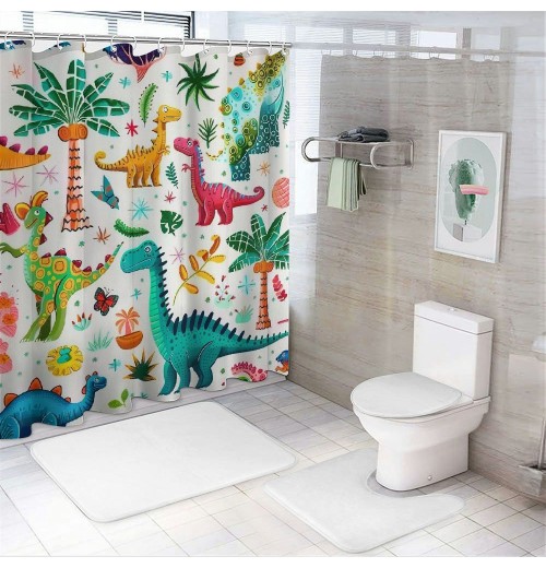 Shangniulu Cartoon Dinosaur Shower Curtain Colorful Animals Plants for Boys Girls Polyester Fabric Waterproof Shower Curtain Sets Machine Washable Decor Bath Curtain