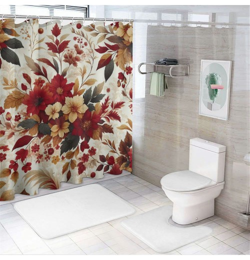 Shangniulu Shower Curtain, Watercolor Plant Leaves with Bathroom Shower Curtain Set with Hooks