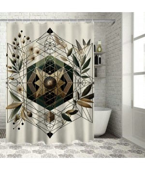 Shangniulu Eucalyptus Leaves Shower Curtain, Art Deco Inspired Geometric Rhombus Ornament Botanical Look,  Fabric Bathroom Decor Set with Hooks