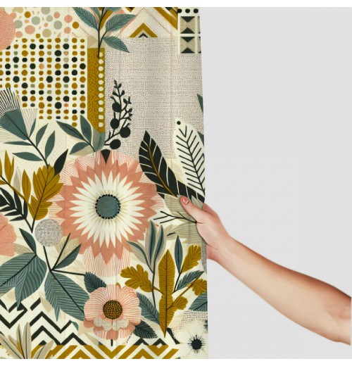 Shangniulu Shower Curtain, Springtime Treasured Flowers and Zigzags Boho Nordic,  Fabric Bathroom Decor Set with Hooks