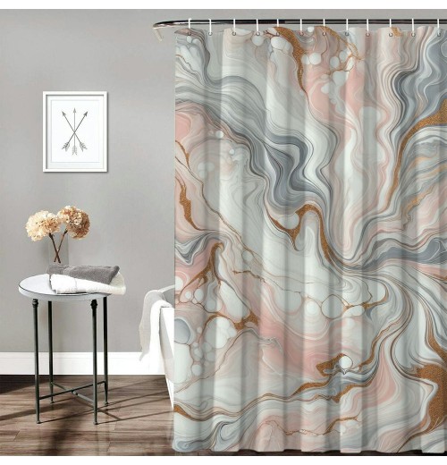 Shangniulu Pink Shower Curtain, Classic Marble Print Composition Formed with Dreamy Lines and Swirls Modern,  Fabric Bathroom Decor Set with Hooks