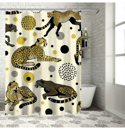 Shangniulu Pink Shower Curtain, Feels Animal Pattern with Bohemian Polka Dotted Backdrop,  Fabric Bathroom Decor Set with Hooks, 69" W x 70" L, Mustard Pale Rose Grey