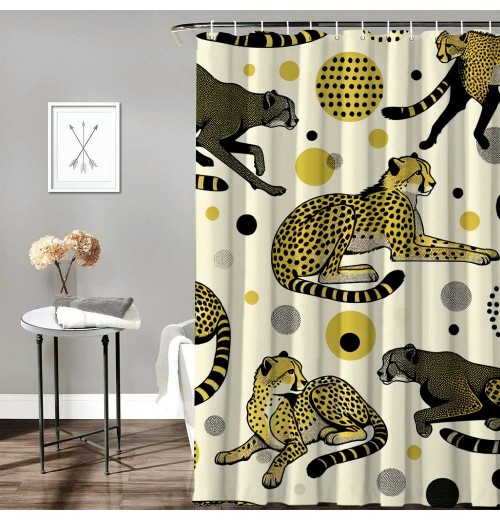 Shangniulu Pink Shower Curtain, Feels Animal Pattern with Bohemian Polka Dotted Backdrop,  Fabric Bathroom Decor Set with Hooks, 69" W x 70" L, Mustard Pale Rose Grey