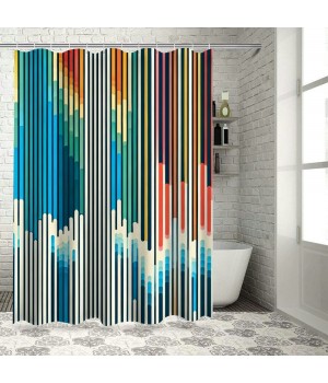 Shangniulu Abstract Shower Curtain, Vibrant Colored Stripes Vertical Pattern Funky a Modern Tile Illustration,  Fabric Home Bathroom Art for Bath Decor Set with Hooks