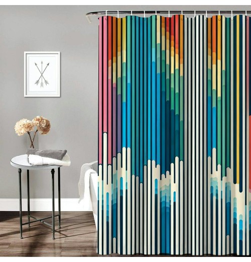 Shangniulu Abstract Shower Curtain, Vibrant Colored Stripes Vertical Pattern Funky a Modern Tile Illustration,  Fabric Home Bathroom Art for Bath Decor Set with Hooks