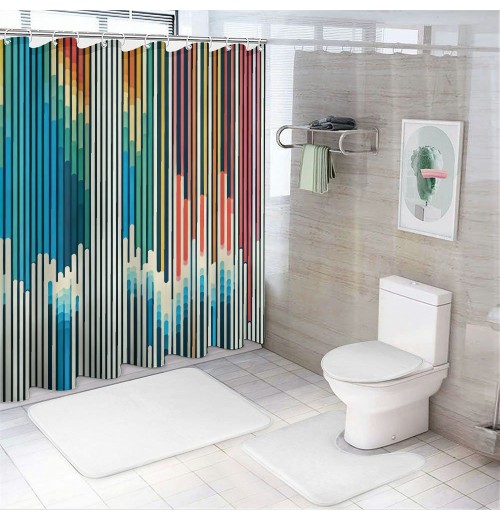 Shangniulu Abstract Shower Curtain, Vibrant Colored Stripes Vertical Pattern Funky a Modern Tile Illustration,  Fabric Home Bathroom Art for Bath Decor Set with Hooks