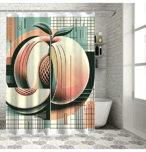 Shangniulu Peach Shower Curtain, Watercolor Painted Look Fruits on Simplistic Geometric Background,  Fabric Bathroom Decor Set with Hooks