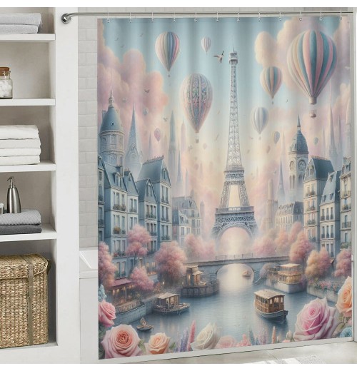 Shangniulu Pink Shower Curtain, Blush Tone Atmosphere Dreamy Paris with Flowers Balloons and Eiffel Tower,  Fabric Bathroom Decor Set with Hooks