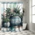 Shangniulu Botanical Shower Curtain, Exotic Leaves on Ethnic Pots on Colorful Watercolor Backdrop,  Fabric Bathroom Decor Set with Hooks